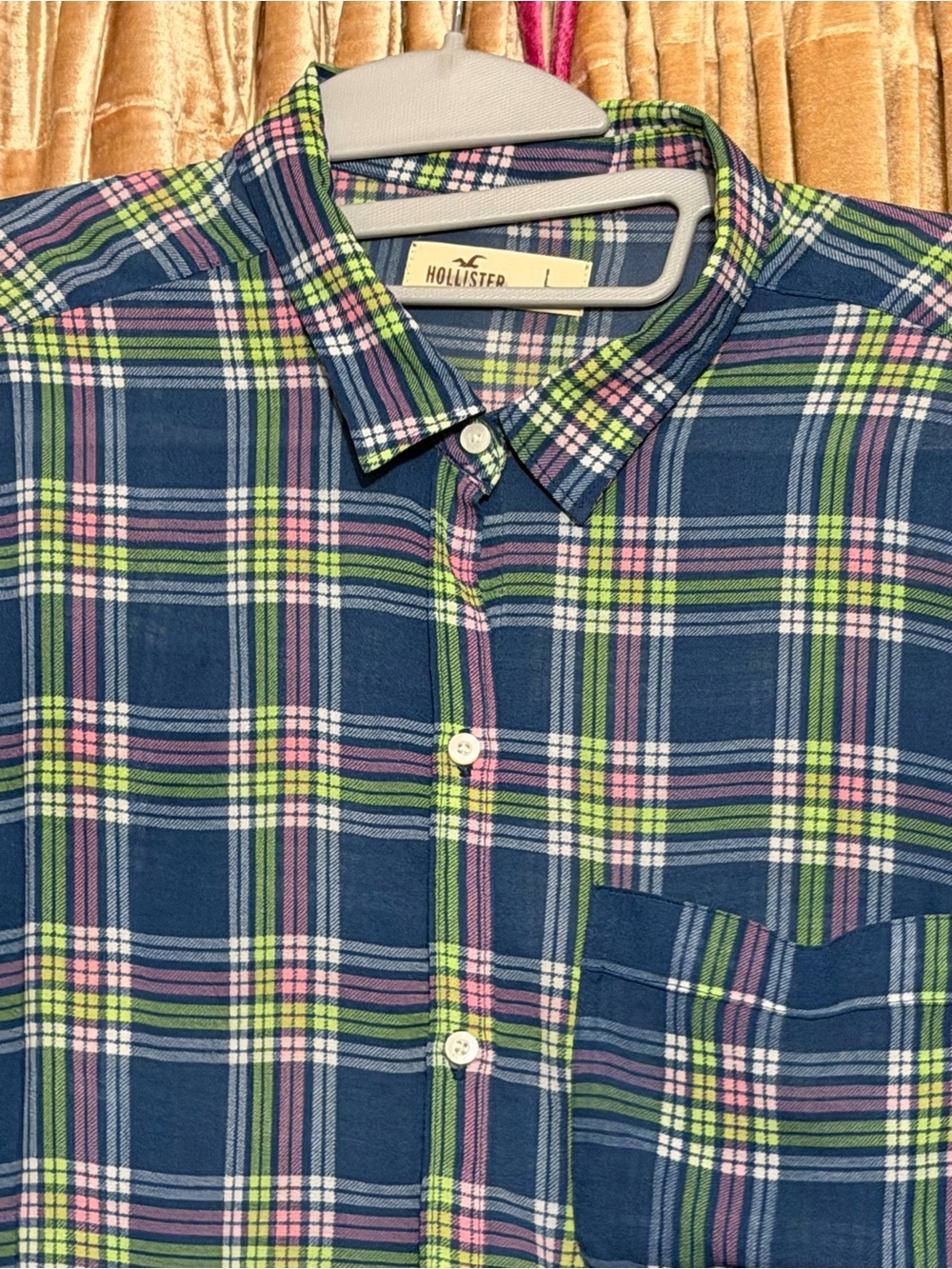 Hollister Men's Navy Plaid Button-Down Shirt with Pink & Lime Accents